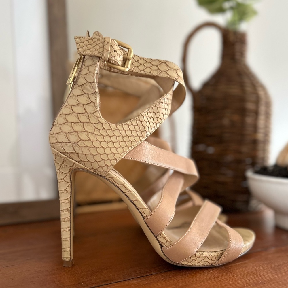 Guess Abby Strappy High Heel Python Open Toe Nude… - image 1